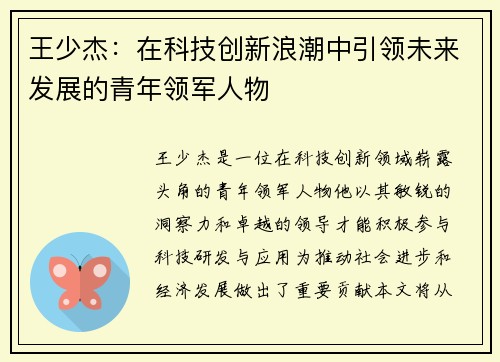 王少杰：在科技创新浪潮中引领未来发展的青年领军人物